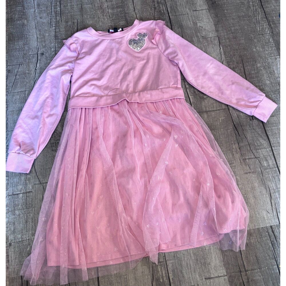 Girls XL Three Pink Hearts Tutu Dress Pink Long Sleeve Sparkle Heart Patch‎